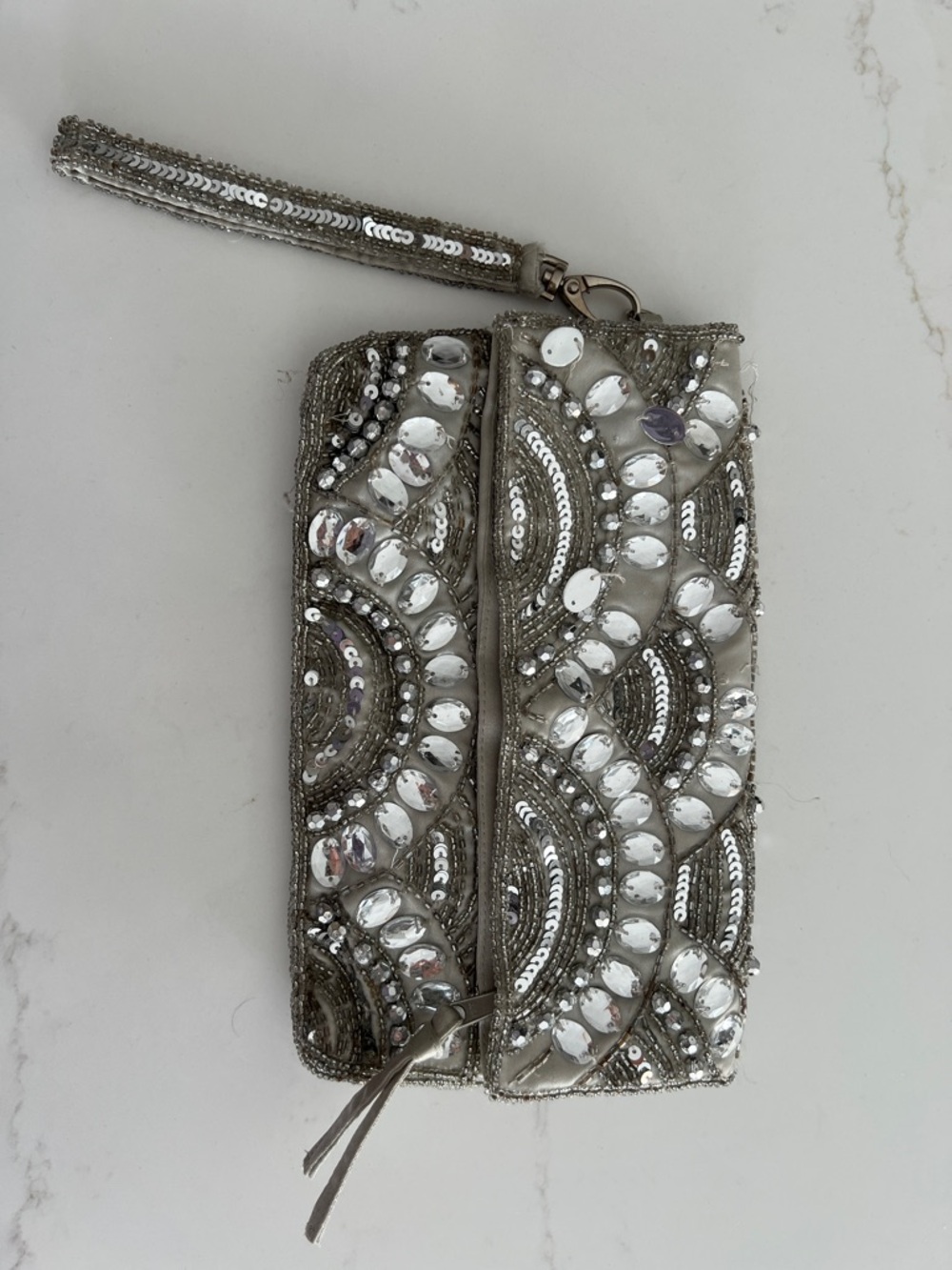 Embellished Silver Beaded Wristlet Clutch